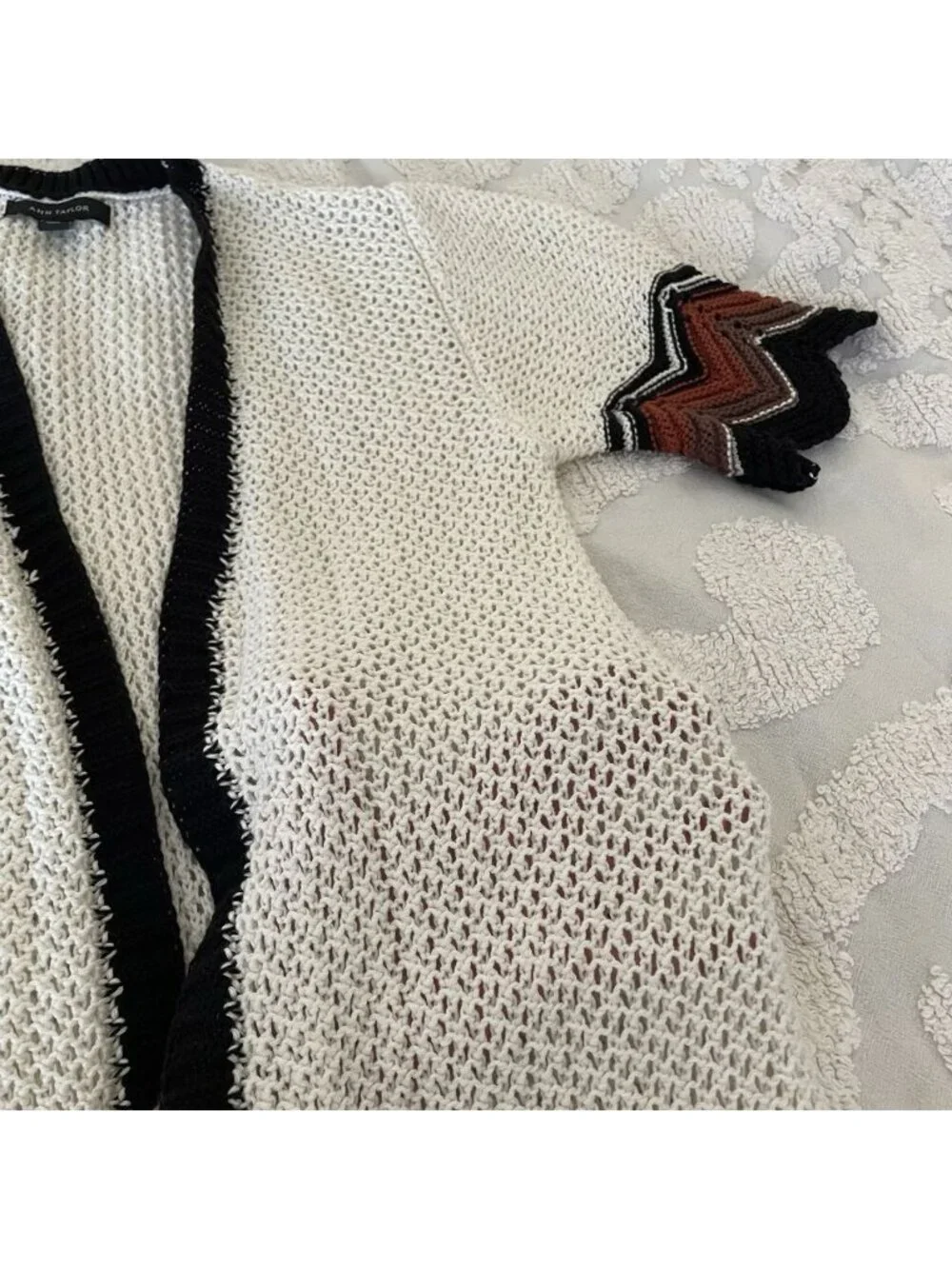 ANN TAYLOR Crochet Knit Viral Kimono Duster Sweater M/L Open Front Cream Boho